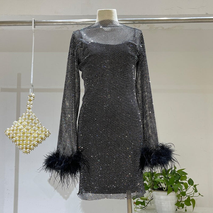 Transparent rhinestone dress with feathers black