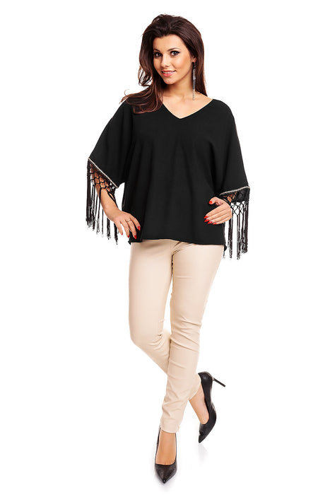 Blouse tunic with fringes black and gold one size