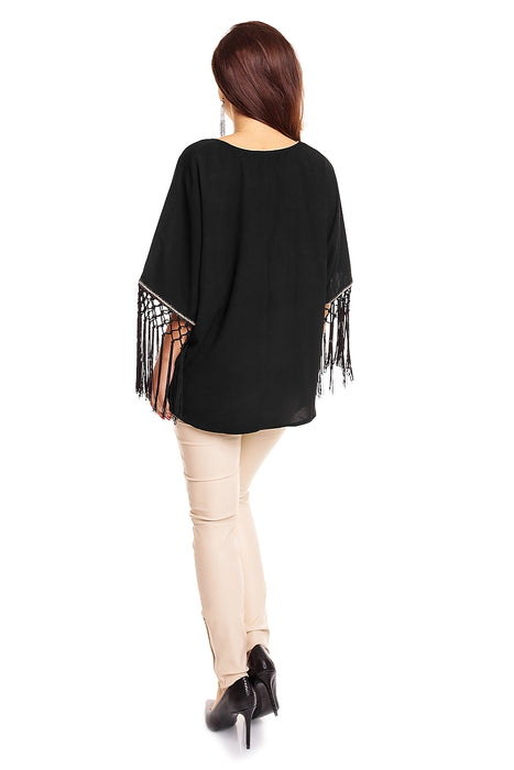 Blouse tunic with fringes black and gold one size