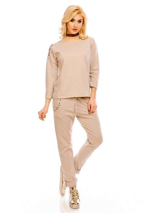 Sweatshirt Pullover mit Perlen Beige