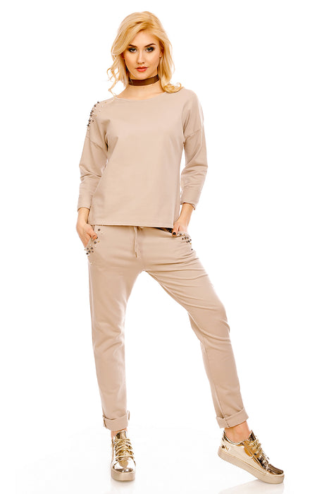 Sweatshirt Pullover mit Perlen Beige