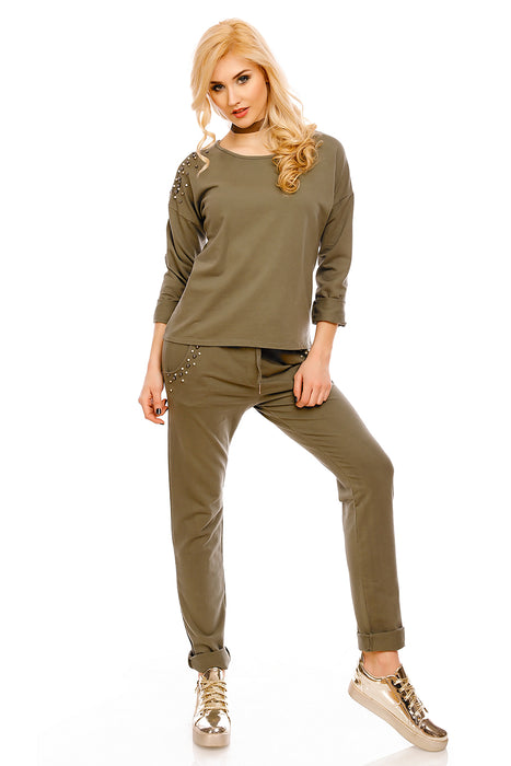 Sweatshirt Pullover mit Perlen Grün Khaki